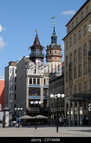 Riquet Haus, Nikolaikirche, Nikolaikirche, und Handelshof Hotel, Leipzig, Sachsen, Deutschland, Europa Stockfoto