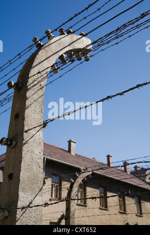 Barb Wire Elektrozaun und Gebäude in Auschwitz ich ehemalige Nazi-Konzentrationslager Auschwitz, Polen, Europa Stockfoto