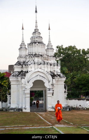 Mönch tragen ein betteln Schüssel, Wat Suan Dok, Chiang Mai, Nord Thailand, Thailand, Asien Stockfoto