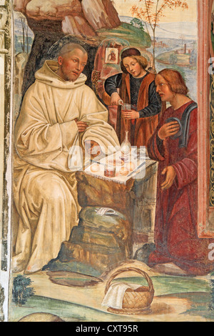 Fresko, Leben des Heiligen Benedikt, Fresko von Sodoma, Bild 6, Benedikt dem Fastenbrechen, Kreuzgang der Abbazia di Monte Oliveto Stockfoto