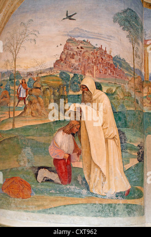 Fresko, Leben des Heiligen Benedikt, Fresko von Sodoma, Detail-Ansicht Bild 4, der Mönch Romanus Übergabe der Einsiedler zur Gewohnheit Stockfoto
