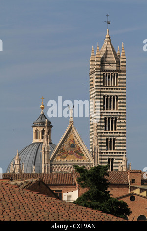 Campanile, Glockenturm, Kreuzung Kuppel und die Giebel der Hauptfassade, Kathedrale Santa Maria Assunta, Dom von Siena, Siena Stockfoto