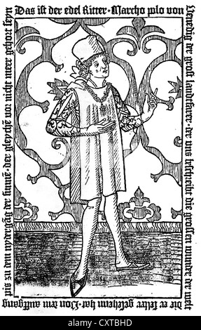 MARCO POLO (1254-1324) venezianische Händler Reisender aus 1477 Ausgabe seiner "Il Milione" (The Million) dh buchen Reisen Stockfoto