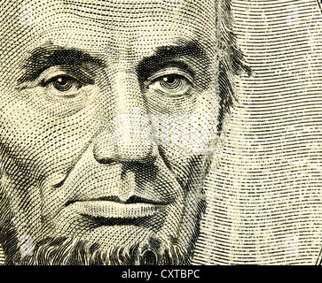 Abraham Lincoln auf einen fünf-Dollar-Schein Schuss Makro Stockfoto