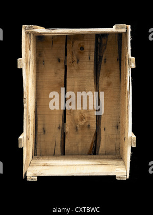 Holzplanken bilden eine Kiste. Die Planken der Kiste sind alte und verwitterte. He-Kiste wird direkt über fotografiert. Stockfoto