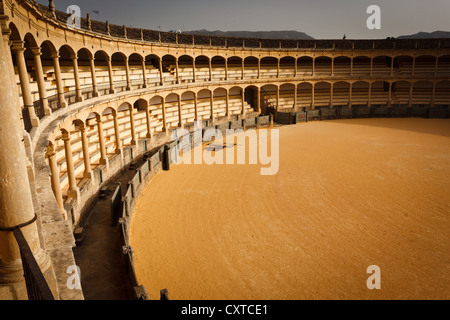 Innenansicht von oben von der sonnigen Seite der leere Stierkampfarena in Ronda, Spanien Stockfoto