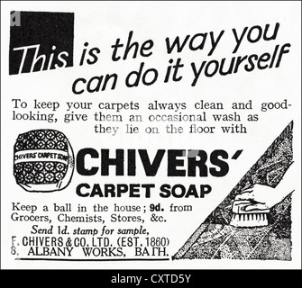 Original 1930er Jahre Vintage print Werbung von englischen Verbraucher Zeitschriftenwerbung Chivers Teppich Seife Stockfoto