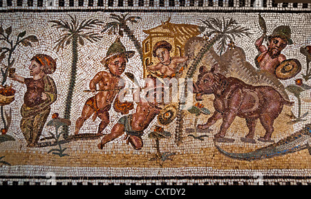 Mosaik-Panel mit römischen Pygmäen in einer nilotischen Szene Roman Italien 3. Jahrhundert n. Chr. Nord Afrika Italienisch Stockfoto