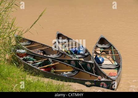 Vier Kanus am Fluss Rio Grande in Santa Elena Canyon, Big Bend Nationalpark, Texas. Stockfoto