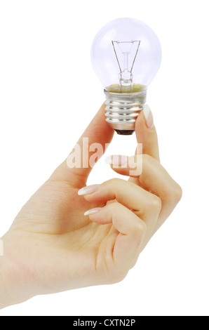 Hand mit Glühbirne isoliert auf weißem Hintergrund Stockfoto