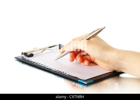 Stift in der Hand auf Holz Hintergrund isoliert Stockfoto