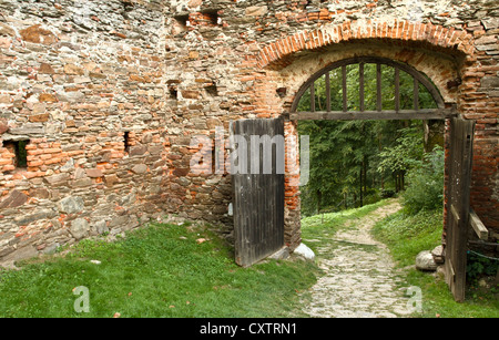 Holztor in einer Steinmauer Stockfoto