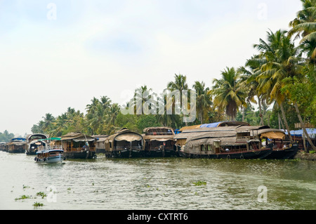 Horizontale Ansicht von vielen traditionellen Holzhaus Boote, Kettuvallams, entlang des Flussufers in den Backwaters von Kerala Stockfoto