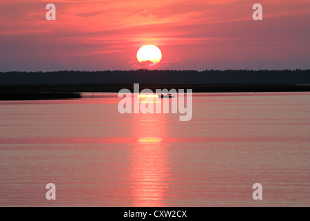 Angeln bei Sonnenuntergang am See Lebsko, Polen Stockfoto