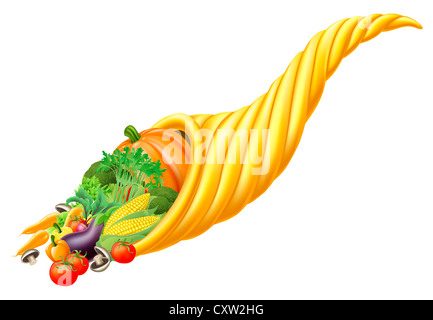 Illustration des Thanksgiving oder Erntedankfest Füllhorn voller Frische Lebensmittel horn Stockfoto