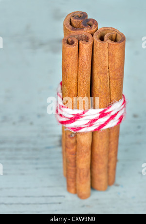 Reihe von Zimtstangen auf hellblauen Holz shabby chic Hintergrund Stockfoto