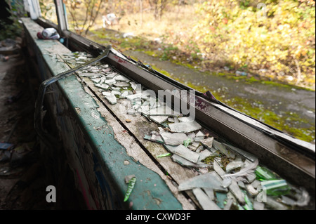 Wiedereinbaufenster benötigt zerschmettert Glas auf Cills und alte Stahlgehäuse, abblätternde Farbe aus Holz mit Griff angelehnt Stockfoto