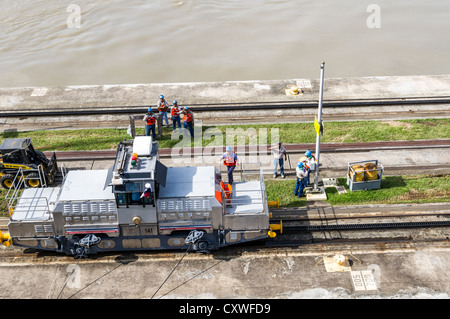 Panama Panama-Kanal Elektro Maultieren oder Eisenbahn Schlepper verwendet, um Schiffe durch die Schleusen des Panama-Kanals führen.  Diese Schlepper halten die Schiffe ausgerichtet mit Stahlseilen, um die Schiffe im Schloss zu verlagern. Stockfoto