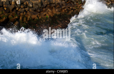 Ufermauer Schutz Vizhinjam Hafen und Strand von wütenden Meer Wellen arabischen Meer Stockfoto