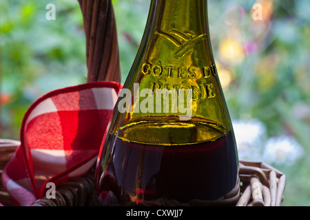 Côtes du Rhône Rotwein im rustikalen Weidenkorb in der späten Nachmittagssonne mit typischen Picknick Serviette und Sommer Garten hinter Stockfoto