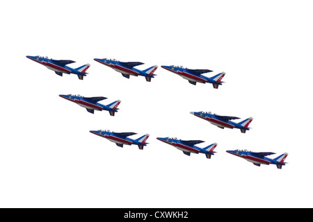 Eine Aufführung durch die französischen akrobatische Patrouille (Patrouille de France) während der Cervolix-Air-Festival. Alpha Jet E. Stockfoto