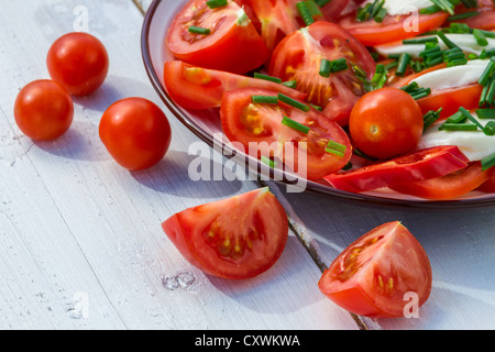 Salat aus Tomaten und Mozzarella auf Platte Stockfoto