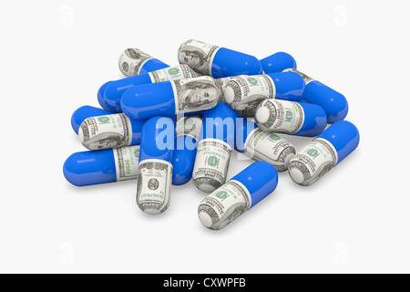 Pillen mit Dollarnoten dekoriert Stockfoto