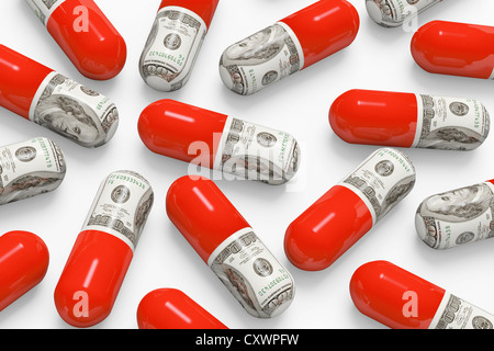 Pillen mit Dollarnoten dekoriert Stockfoto
