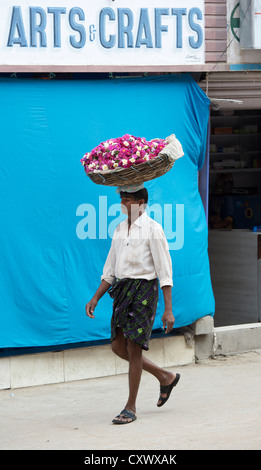 Indischer Mann einen Korb mit Blumen auf dem Kopf zu balancieren, während eine Straße hinunter. Puttaparthi, Andhra Pradesh, Indien Stockfoto