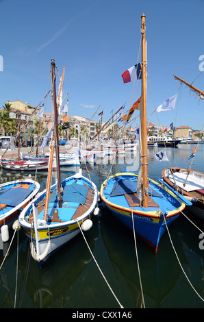 Bunte oder bunte Holzfischerboote, bekannt als Pointu, im Hafen oder Hafen von Sanary-sur-Mer Var Provence Frankreich Stockfoto