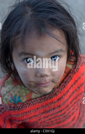 Ein junges Mädchen posiert für die Kamera in Kibber Dorf, Spiti, Nordindien Stockfoto