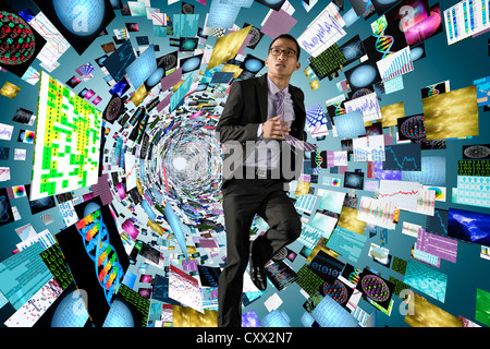 Asiatische Geschäftsmann umgeben von Wissenschaft Bilder Stockfoto