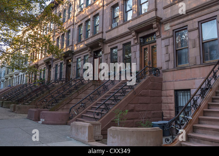 New York City, NY, USA, Straßenszenen, historische Stadthäuser, Reihenhäuser, Brownstone-Häuser, Stadtgebäude in der Gegend von Harlem, Morris-Jumel, Manhattan, mit neuen yorkers Gebäuden Stockfoto