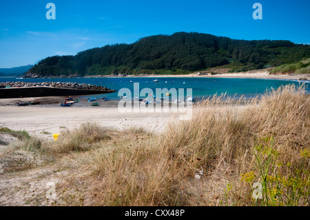 Panoramablick von der Bucht von Estaca de Bares, Galizien Spanien mit gelben Beinen Möwen, Angelboote/Fischerboote und bewaldeten Hügeln Stockfoto