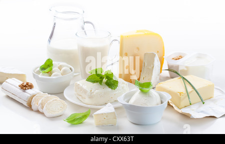 Sortiment von Milchprodukten auf weißem Hintergrund