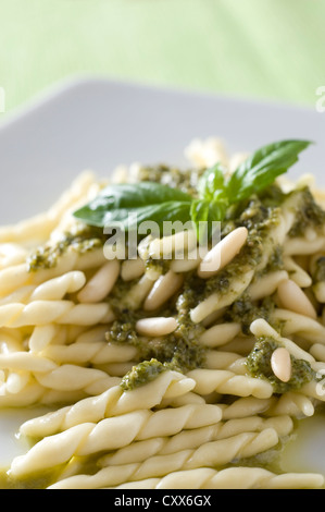 ein typisch italienisches Gericht: Pasta al Pesto-Sauce mit Basilikum, Knoblauch und Pinienkernen Stockfoto