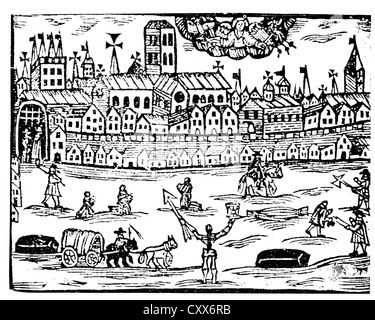 GROßE Pest von LONDON (1665-1666) zeitgenössischer Holzschnitt - Menschen auf der Flucht der Stadt Leichen wird weggenommen und Frauen beten Stockfoto