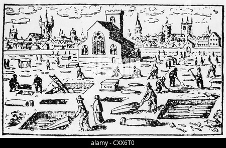 GROßE Pest von LONDON (1665-1666) zeitgenössischer Holzschnitt. Kommunale Gräber ausgehoben außerhalb der Stadtmauern Stockfoto