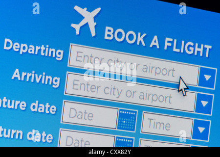Nahaufnahme einer fiktiven Website einladen von Benutzern einen Flug buchen nach Eingabe Suchdetails Stockfoto