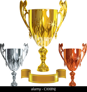 Vektor ausgezeichneten Erfolg set gold, silberne, Bronze Tassen und gold Ribbbon Stockfoto