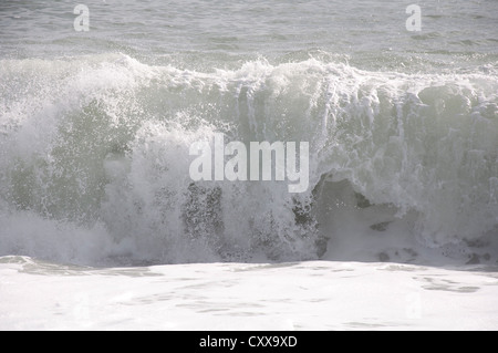 Eine große Welle brechen auf Chesil Beach, an der Küste von Dorset, bei stürmischem Wetter. England, United Kingdom. Stockfoto