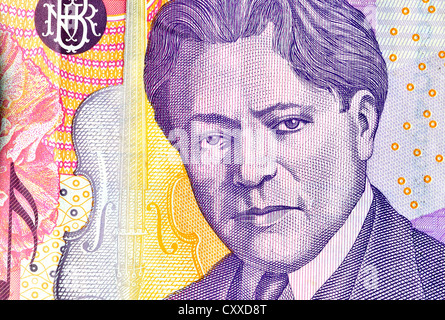 Detail des rumänischen Leu 5 Banknote (2005) - Porträt von George Enescu / Enesco (Komponist, Violinist, Pianist, Dirigent, Lehrer) Stockfoto