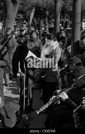 Jingshan Park, Beijing. Amateur Musiker spielen im Park. Stockfoto