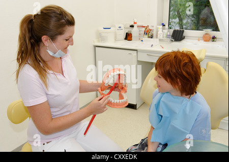 Junge beim Zahnarzt, erhalten Anweisungen für die zahnärztliche Behandlung auf ein Modell, Zahnhygiene, Zahnpflege, Zahnarztbesuch Stockfoto