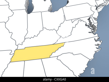 Karte von Tennessee, TN, USA, Vereinigte Staaten von Amerika, Kontur, 3D illustration Stockfoto