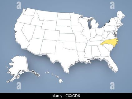 North Carolina, NC, markiert auf einer Höhenlinienkarte der USA, Vereinigte Staaten von Amerika, 3D illustration Stockfoto