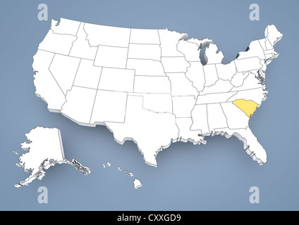 South Carolina, SC, markiert auf einer Höhenlinienkarte der USA, Vereinigte Staaten von Amerika, 3D illustration Stockfoto