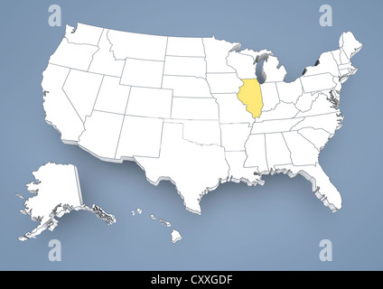 Illinois, IL, markiert auf einer Höhenlinienkarte der USA, Vereinigte Staaten von Amerika, 3D illustration Stockfoto