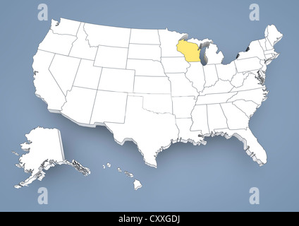 Wisconsin, WI, markiert auf einer Höhenlinienkarte der USA, Vereinigte Staaten von Amerika, 3D illustration Stockfoto