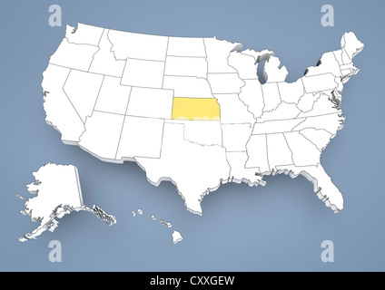 Kansas, KS, markiert auf einer Höhenlinienkarte der USA, Vereinigte Staaten von Amerika, 3D illustration Stockfoto